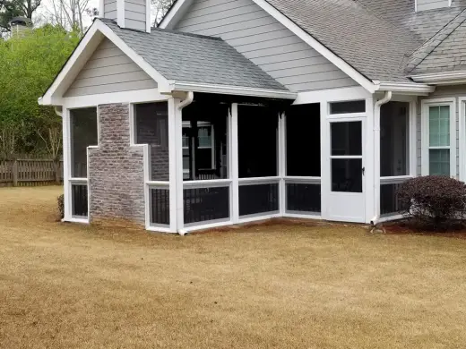 White frame charcoal mesh right angle six sided fcut around chimney — screen door, mesh and frame options from Screen America